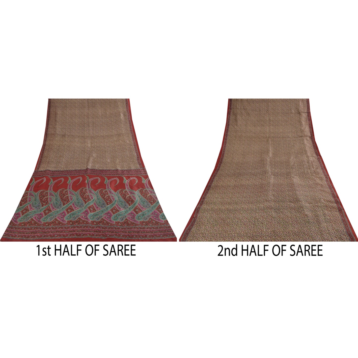 Sanskriti Vintage Sarees Light Brown Pure Silk Printed Sari 5+yd Craft Fabric