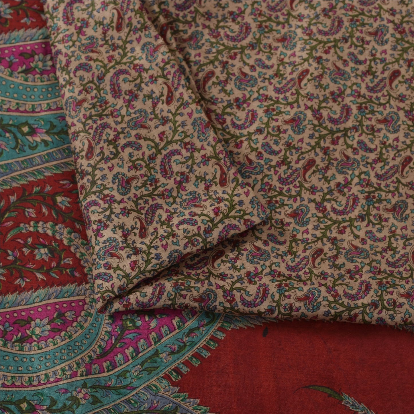 Sanskriti Vintage Sarees Light Brown Pure Silk Printed Sari 5+yd Craft Fabric