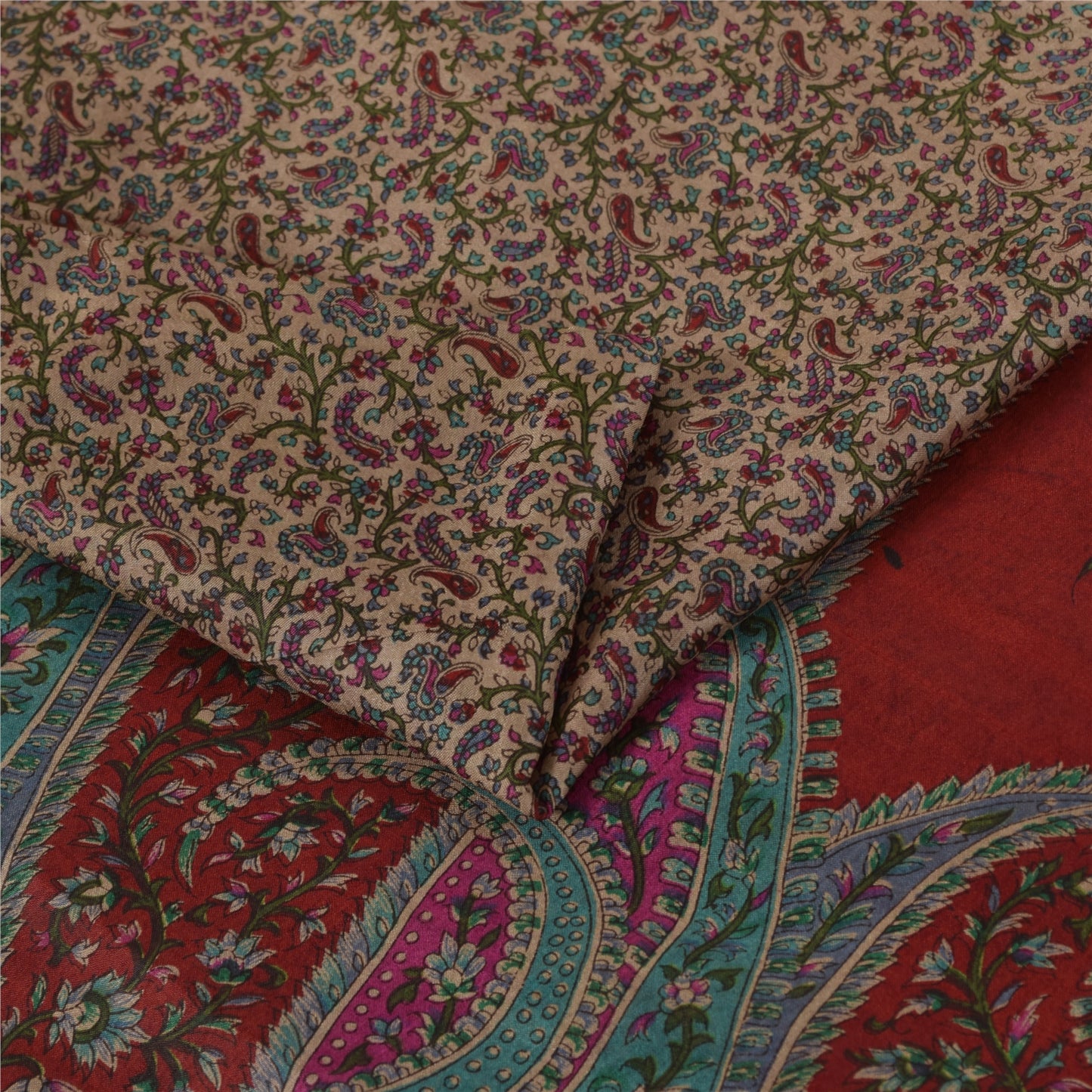 Sanskriti Vintage Sarees Light Brown Pure Silk Printed Sari 5+yd Craft Fabric