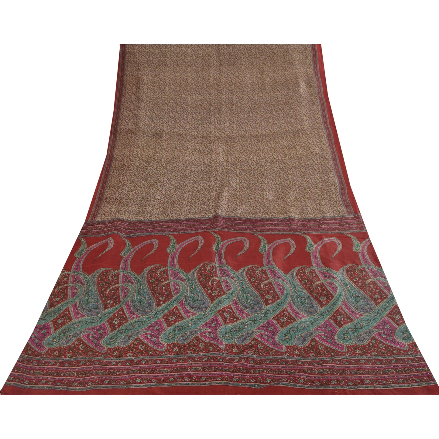 Sanskriti Vintage Sarees Light Brown Pure Silk Printed Sari 5+yd Craft Fabric