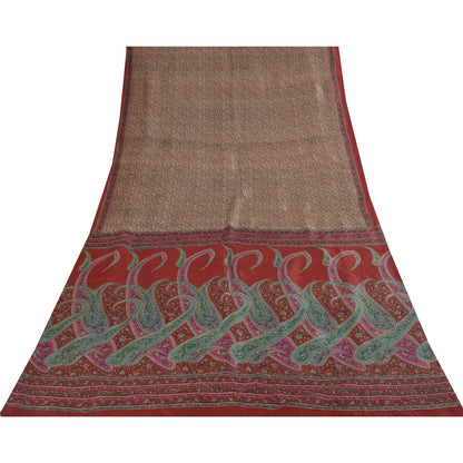 Sanskriti Vintage Sarees Light Brown Pure Silk Printed Sari 5+yd Craft Fabric