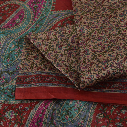 Sanskriti Vintage Sarees Light Brown Pure Silk Printed Sari 5+yd Craft Fabric