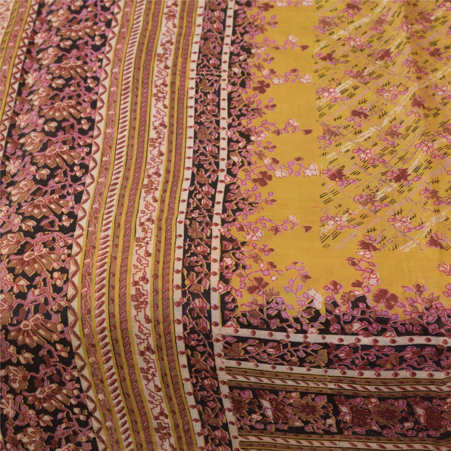 Sanskriti Vintage Sarees Yellow 100% Pure Silk Printed Sari 5+yd Craft Fabric