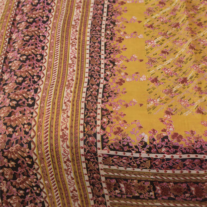 Sanskriti Vintage Sarees Yellow 100% Pure Silk Printed Sari 5+yd Craft Fabric
