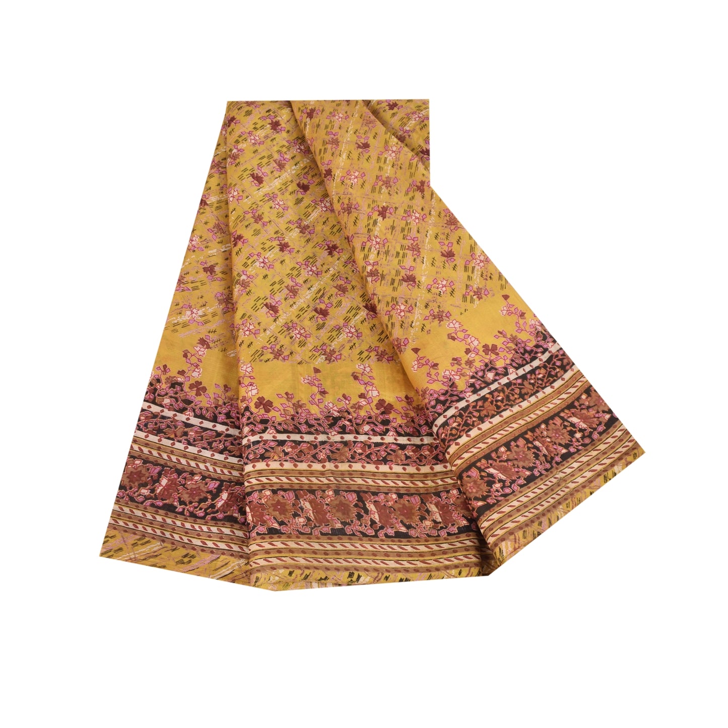 Sanskriti Vintage Sarees Yellow 100% Pure Silk Printed Sari 5+yd Craft Fabric