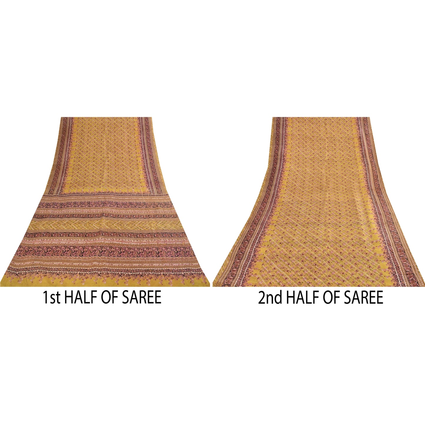 Sanskriti Vintage Sarees Yellow 100% Pure Silk Printed Sari 5+yd Craft Fabric