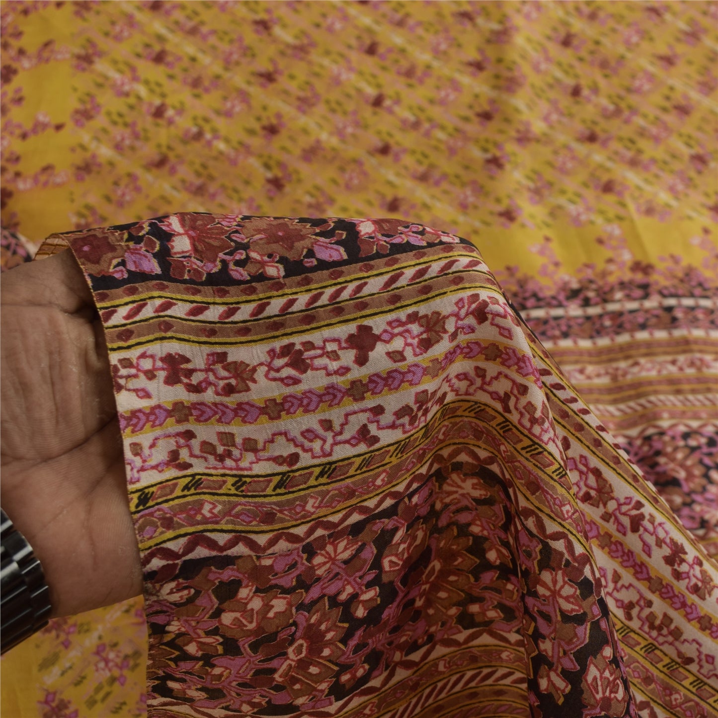 Sanskriti Vintage Sarees Yellow 100% Pure Silk Printed Sari 5+yd Craft Fabric