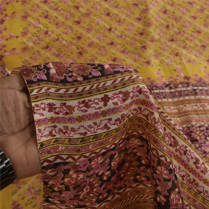 Sanskriti Vintage Sarees Yellow 100% Pure Silk Printed Sari 5+yd Craft Fabric