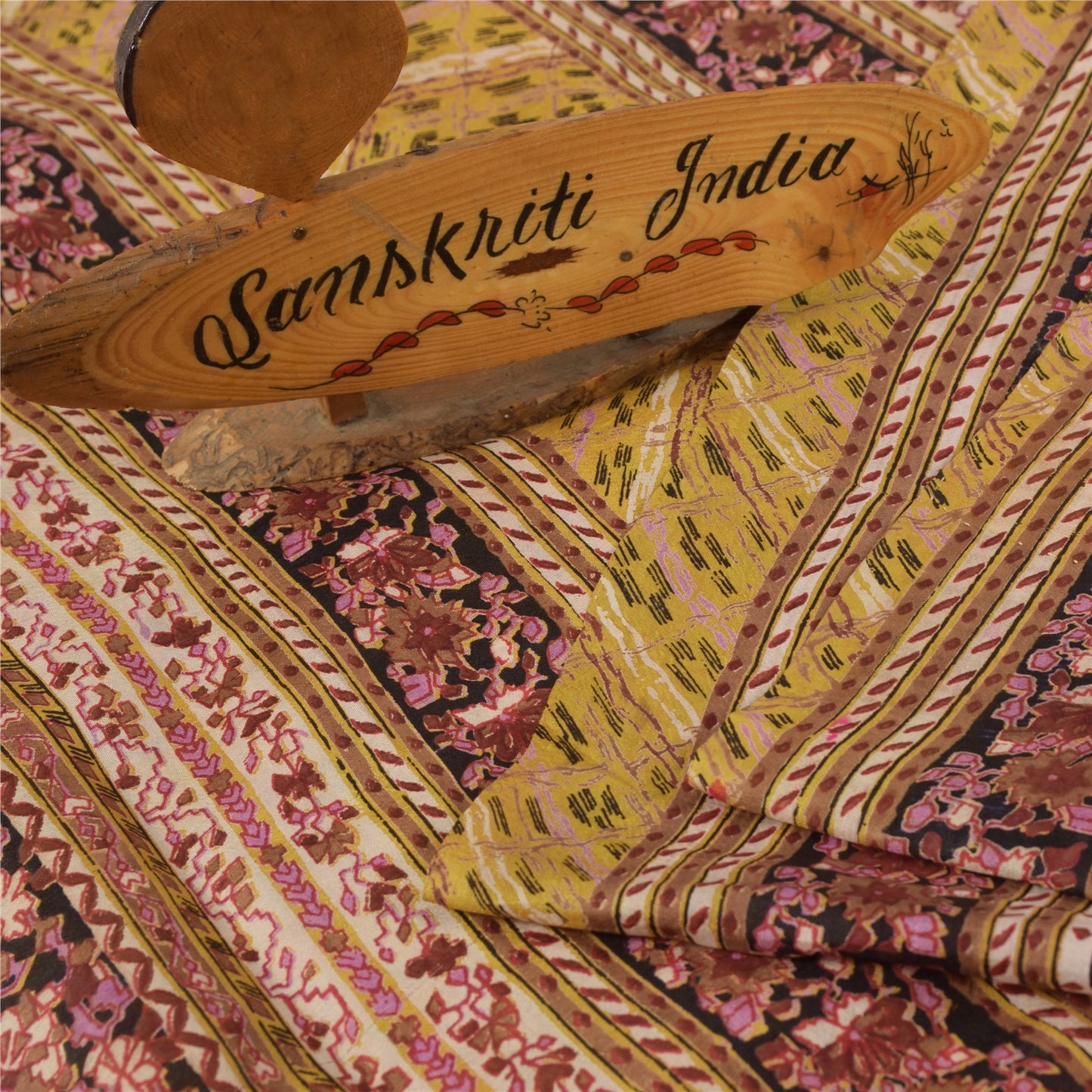 Sanskriti Vintage Sarees Yellow 100% Pure Silk Printed Sari 5+yd Craft Fabric