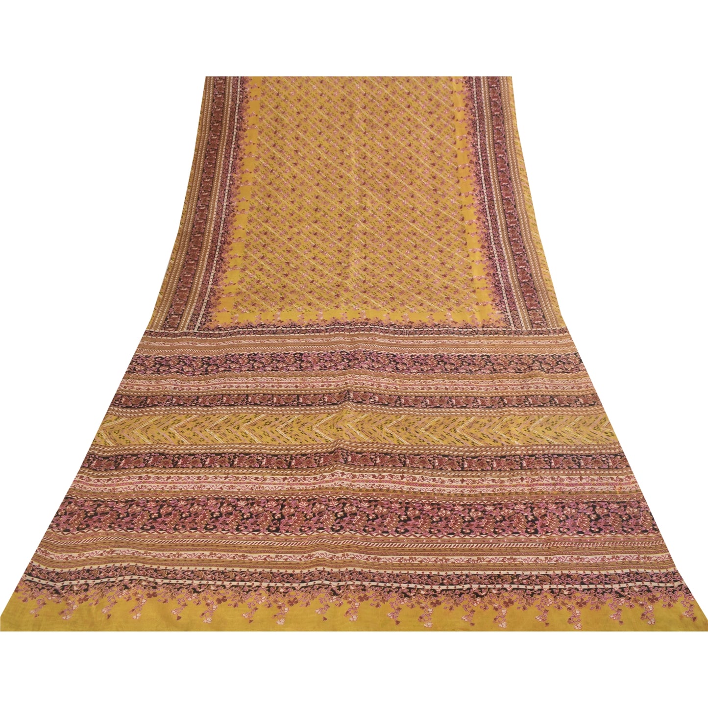 Sanskriti Vintage Sarees Yellow 100% Pure Silk Printed Sari 5+yd Craft Fabric