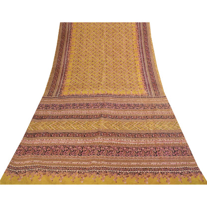 Sanskriti Vintage Sarees Yellow 100% Pure Silk Printed Sari 5+yd Craft Fabric
