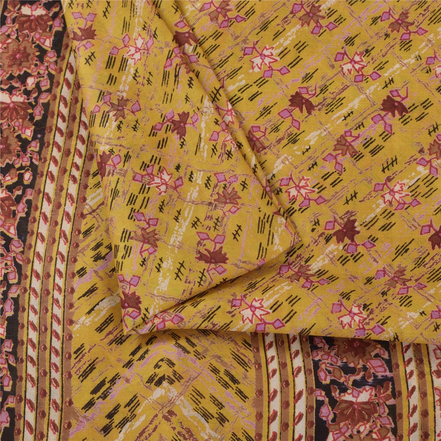 Sanskriti Vintage Sarees Yellow 100% Pure Silk Printed Sari 5+yd Craft Fabric