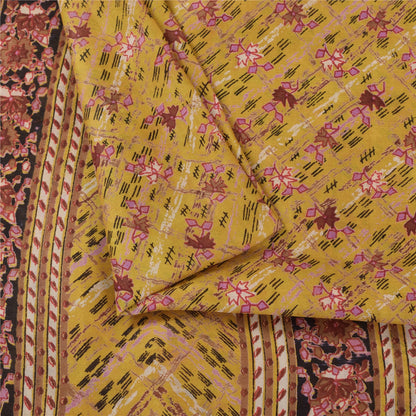 Sanskriti Vintage Sarees Yellow 100% Pure Silk Printed Sari 5+yd Craft Fabric