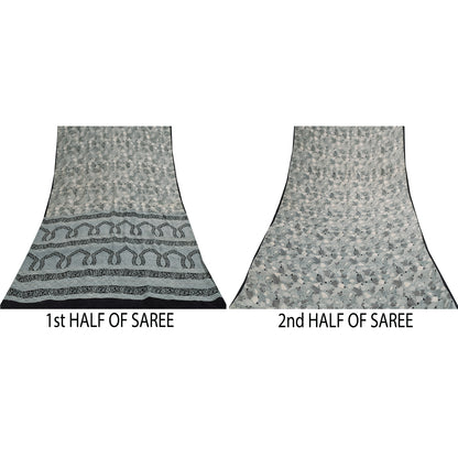 Sanskriti Vintage Sarees Gray Indian Pure Silk Printed Sari 6+yd Craft Fabric