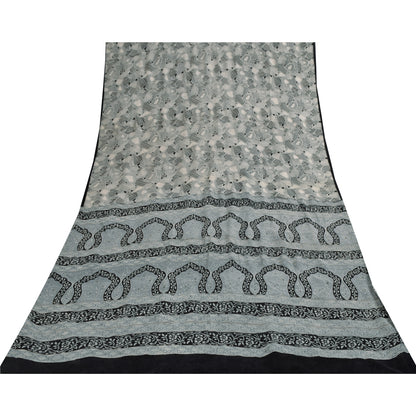 Sanskriti Vintage Sarees Gray Indian Pure Silk Printed Sari 6+yd Craft Fabric