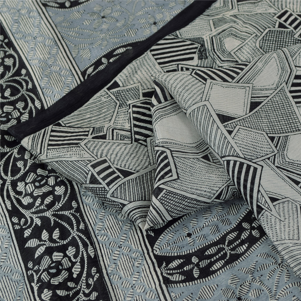 Sanskriti Vintage Sarees Gray Indian Pure Silk Printed Sari 6+yd Craft Fabric