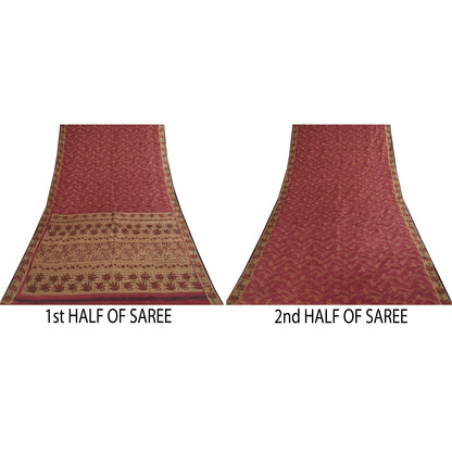 Sanskriti Vintage Sarees Red Indian 100%Pure Silk Printed Sari 5+yd Craft Fabric