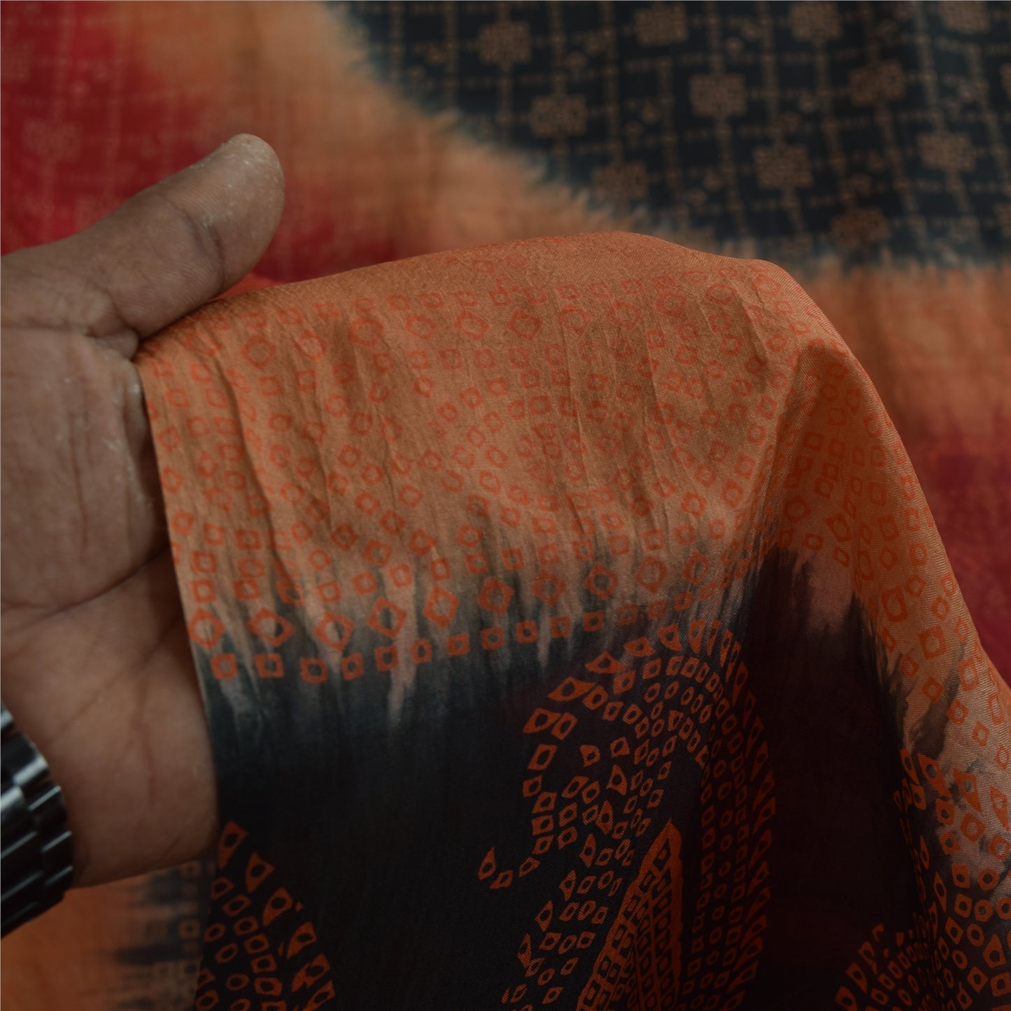 Sanskriti Vintage Sarees Black Bandhani Printed Pure Silk Sari 6+yd Craft Fabric