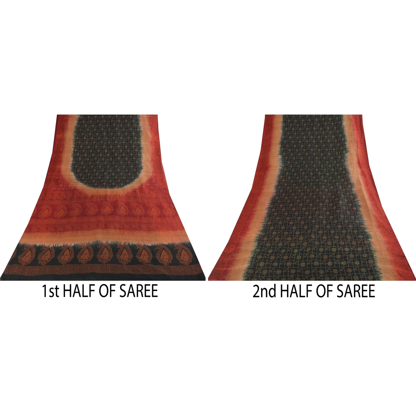 Sanskriti Vintage Sarees Black Bandhani Printed Pure Silk Sari 6+yd Craft Fabric