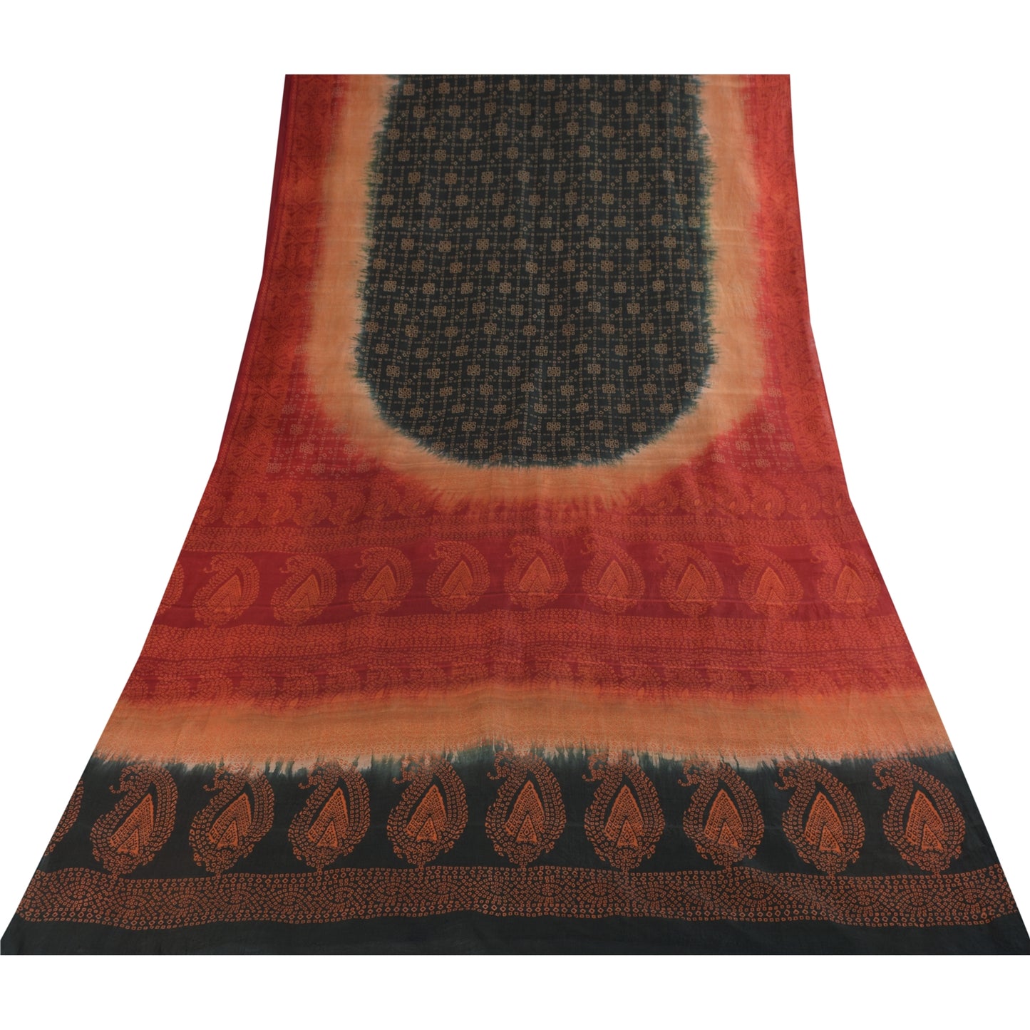 Sanskriti Vintage Sarees Black Bandhani Printed Pure Silk Sari 6+yd Craft Fabric