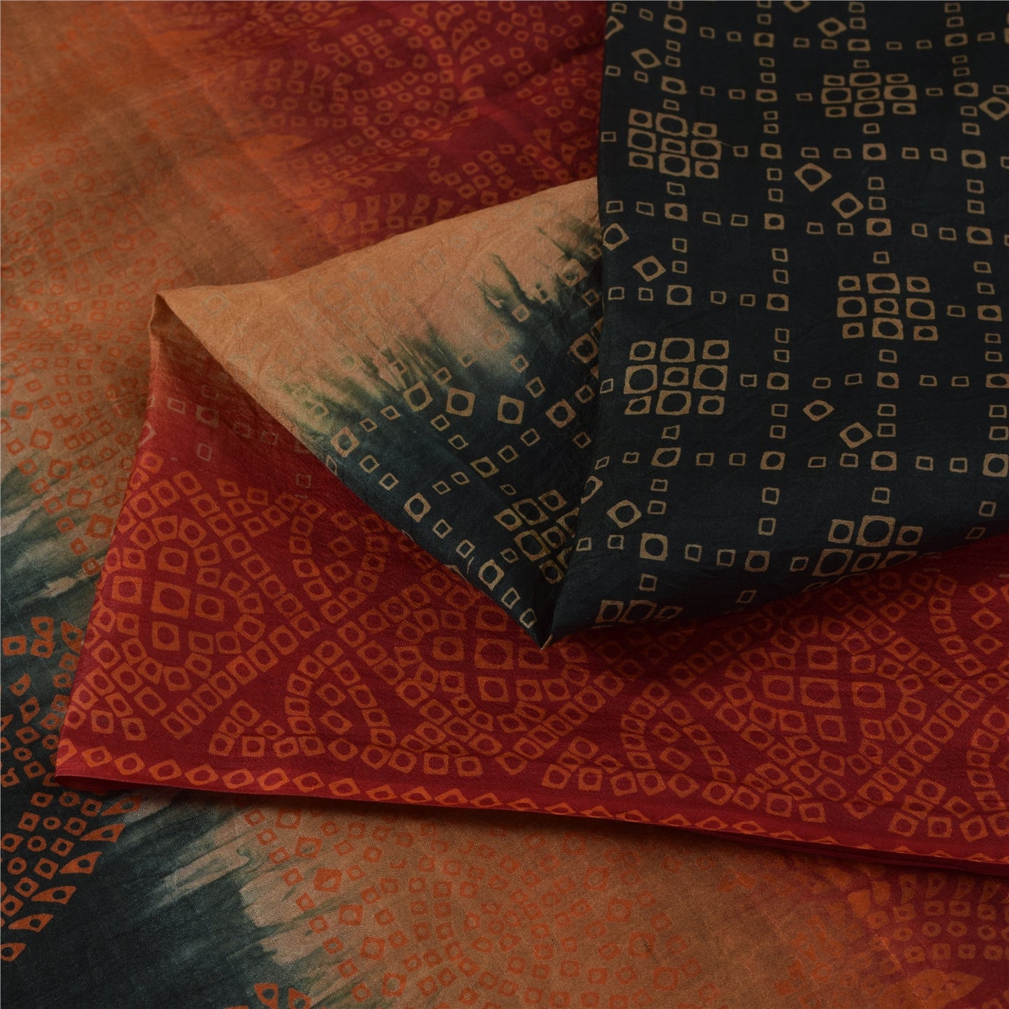 Sanskriti Vintage Sarees Black Bandhani Printed Pure Silk Sari 6+yd Craft Fabric