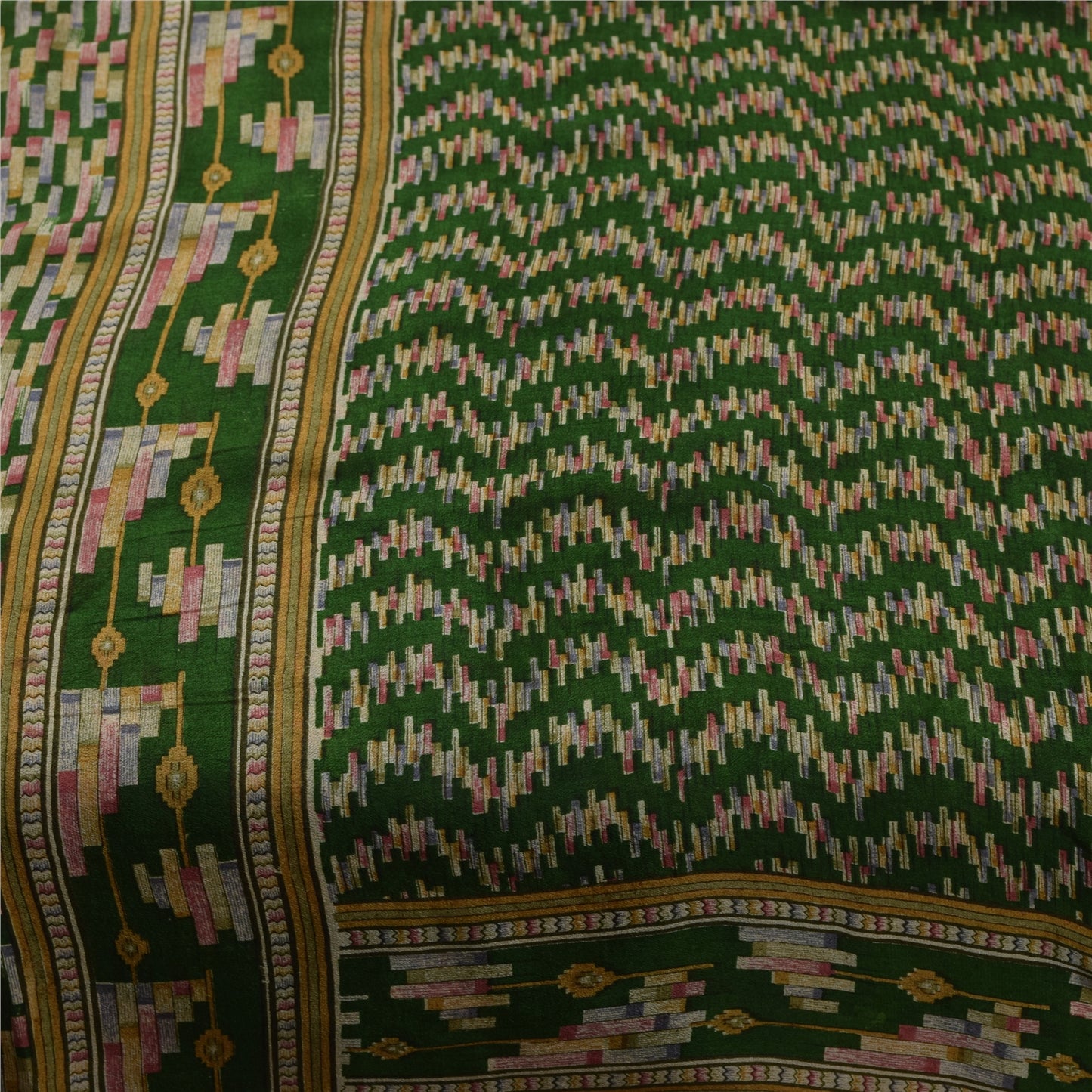 Sanskriti Vintage Sarees Green Indian Pure Silk Printed Sari 6yd Craft Fabric