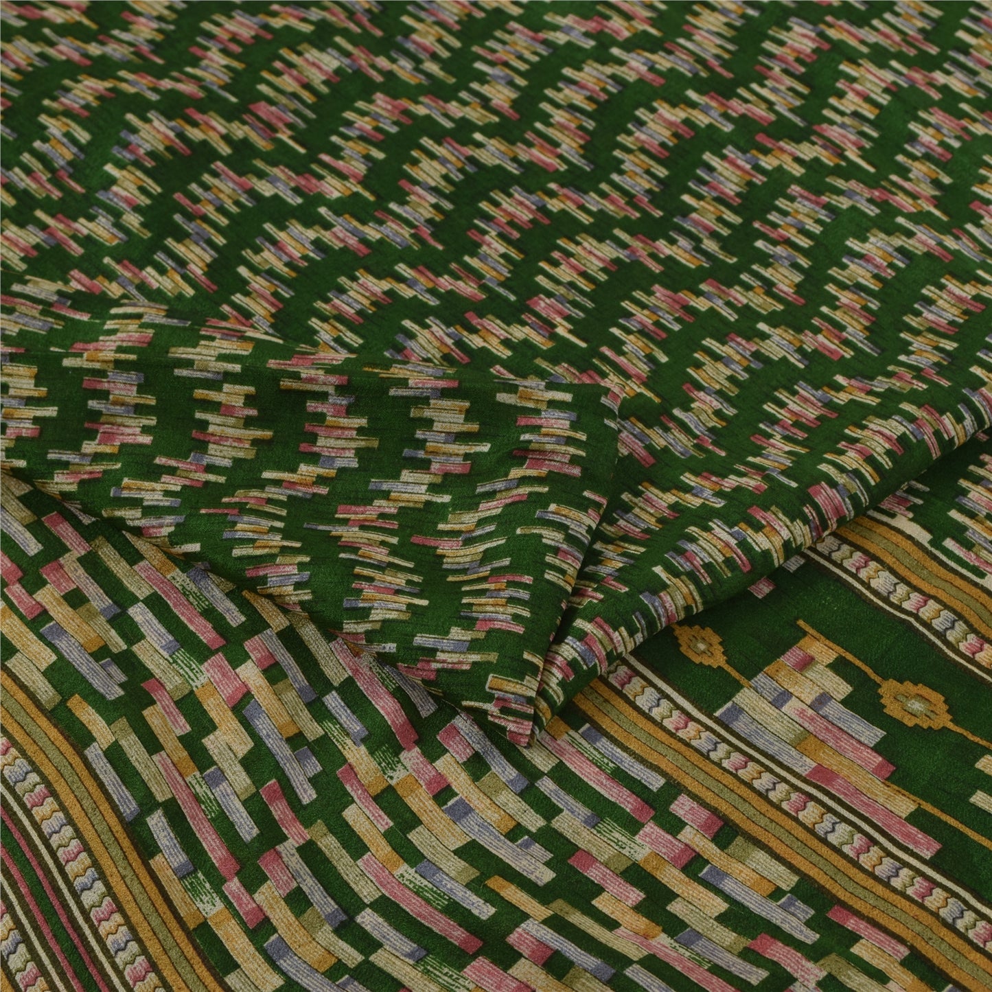 Sanskriti Vintage Sarees Green Indian Pure Silk Printed Sari 6yd Craft Fabric