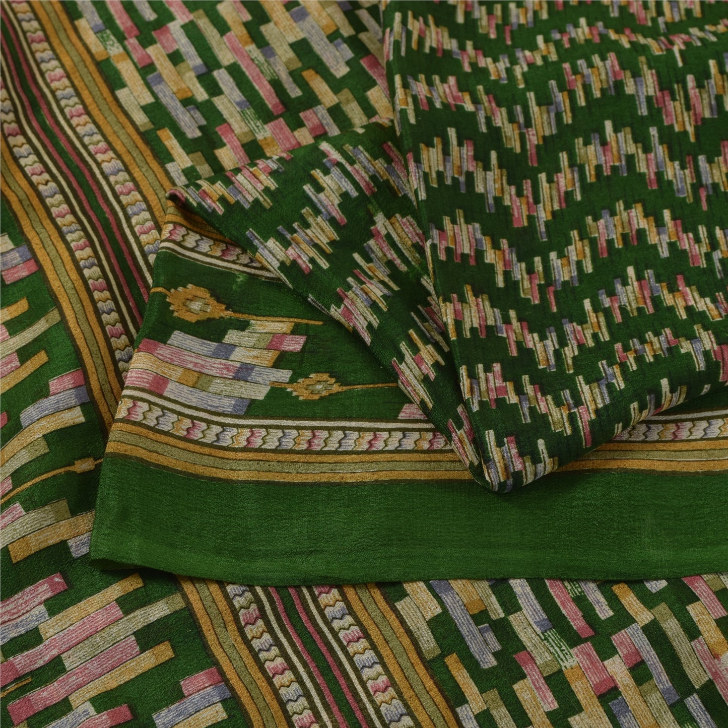 Sanskriti Vintage Sarees Green Indian Pure Silk Printed Sari 6yd Craft Fabric