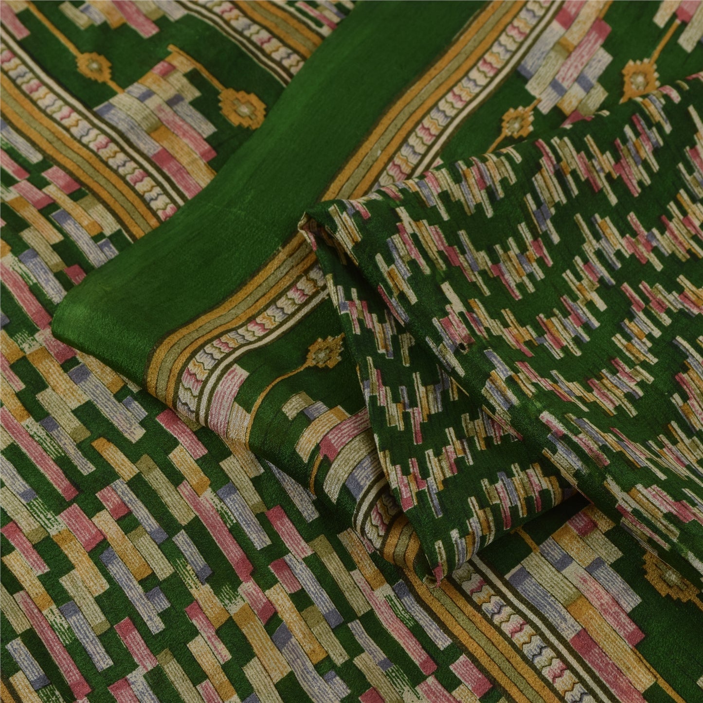 Sanskriti Vintage Sarees Green Indian Pure Silk Printed Sari 6yd Craft Fabric