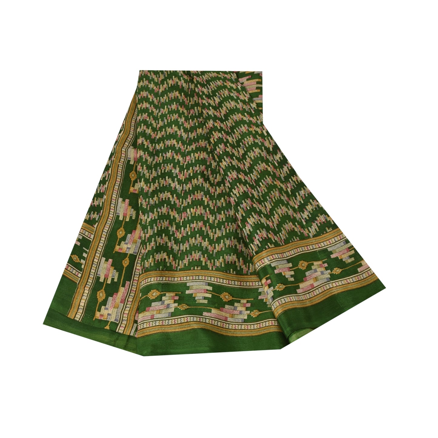 Sanskriti Vintage Sarees Green Indian Pure Silk Printed Sari 6yd Craft Fabric