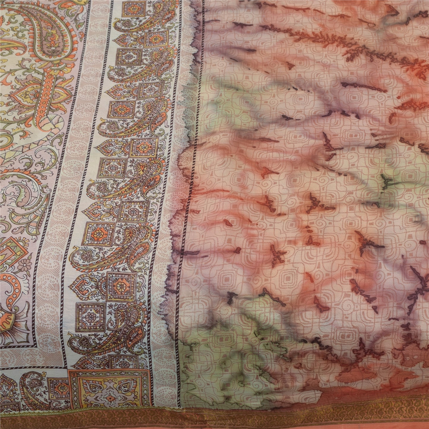 Sanskriti Vintage Sarees Pure Silk Printed Zari Border Sari 5+yd Craft Fabric