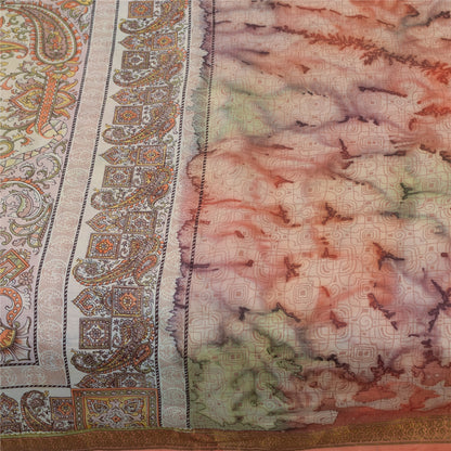 Sanskriti Vintage Sarees Pure Silk Printed Zari Border Sari 5+yd Craft Fabric