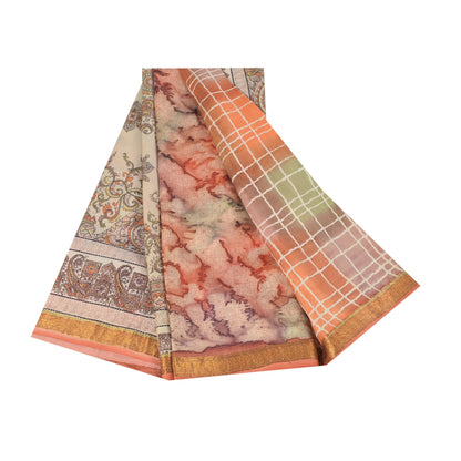 Sanskriti Vintage Sarees Pure Silk Printed Zari Border Sari 5+yd Craft Fabric