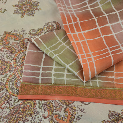 Sanskriti Vintage Sarees Pure Silk Printed Zari Border Sari 5+yd Craft Fabric