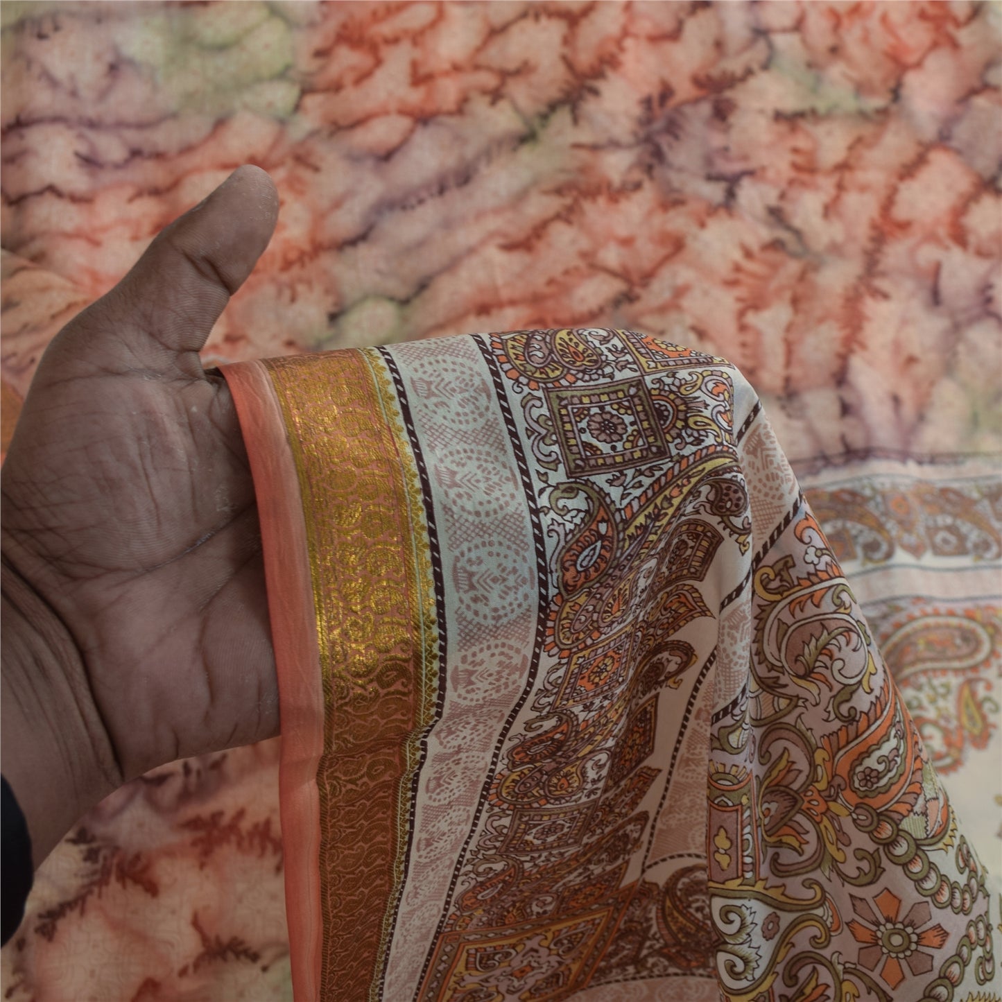 Sanskriti Vintage Sarees Pure Silk Printed Zari Border Sari 5+yd Craft Fabric