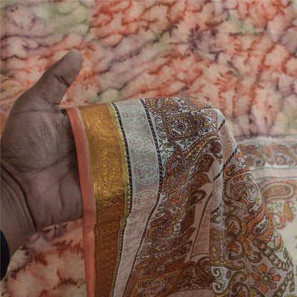 Sanskriti Vintage Sarees Pure Silk Printed Zari Border Sari 5+yd Craft Fabric