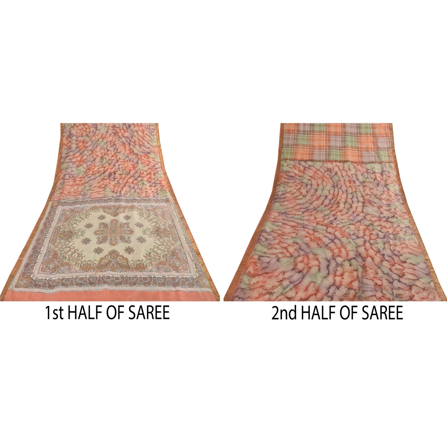 Sanskriti Vintage Sarees Pure Silk Printed Zari Border Sari 5+yd Craft Fabric