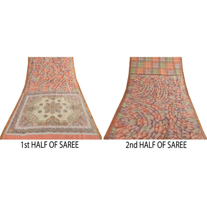 Sanskriti Vintage Sarees Pure Silk Printed Zari Border Sari 5+yd Craft Fabric