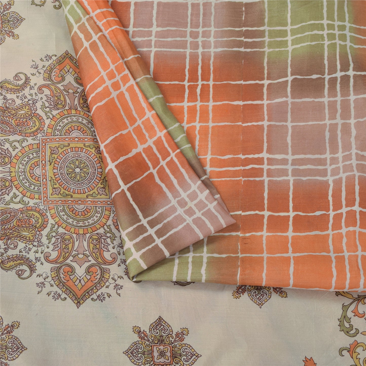 Sanskriti Vintage Sarees Pure Silk Printed Zari Border Sari 5+yd Craft Fabric