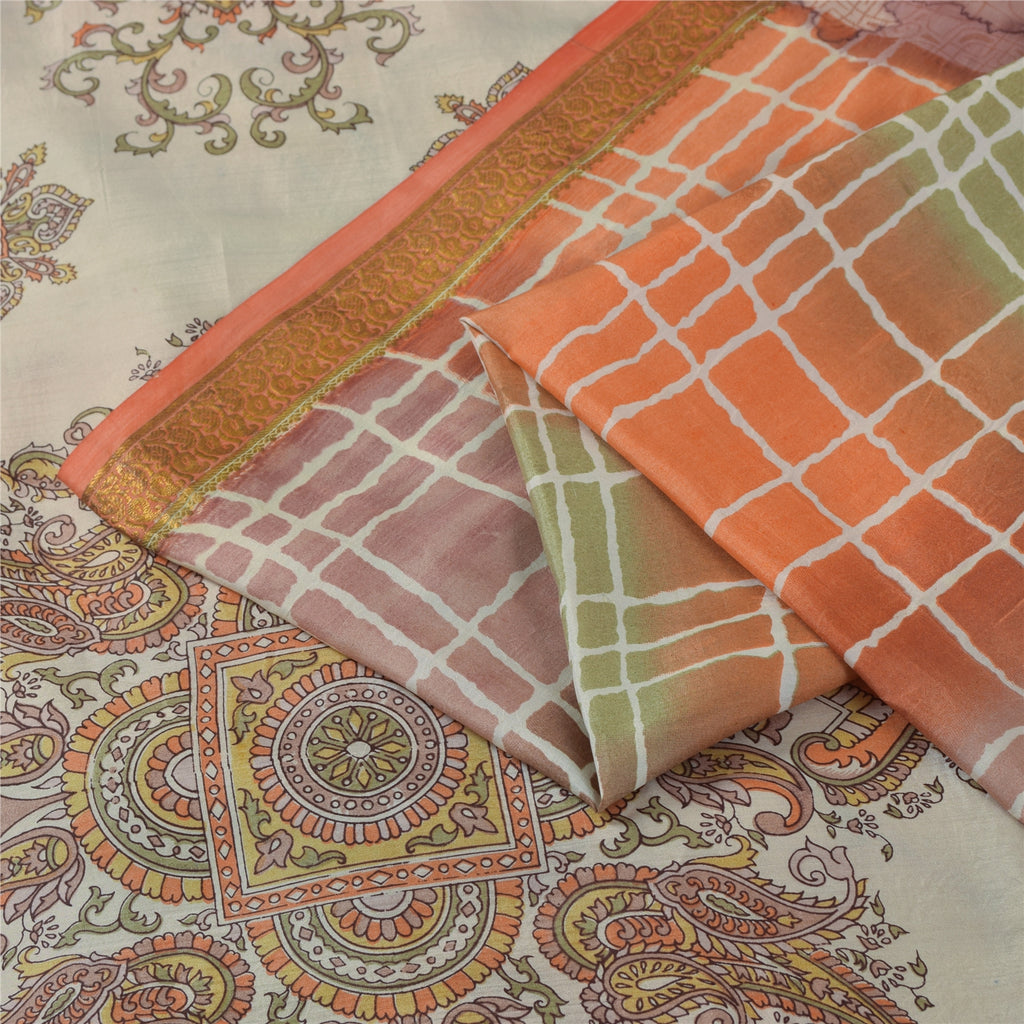 Sanskriti Vintage Sarees Pure Silk Printed Zari Border Sari 5+yd Craft Fabric