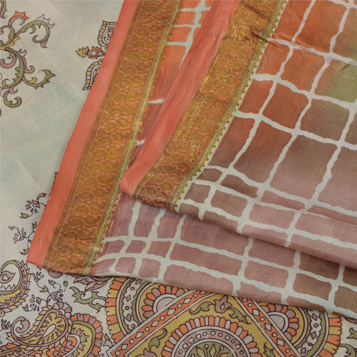 Sanskriti Vintage Sarees Pure Silk Printed Zari Border Sari 5+yd Craft Fabric