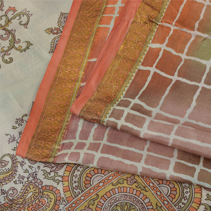 Sanskriti Vintage Sarees Pure Silk Printed Zari Border Sari 5+yd Craft Fabric