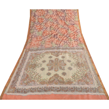 Sanskriti Vintage Sarees Pure Silk Printed Zari Border Sari 5+yd Craft Fabric