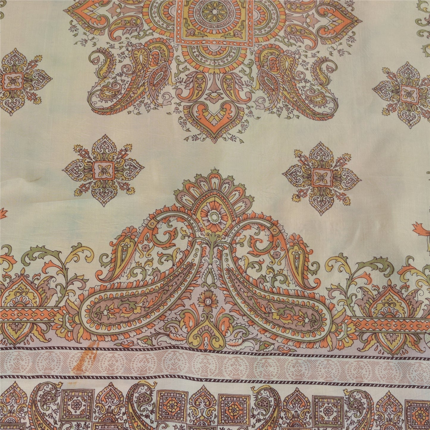 Sanskriti Vintage Sarees Pure Silk Printed Zari Border Sari 5+yd Craft Fabric