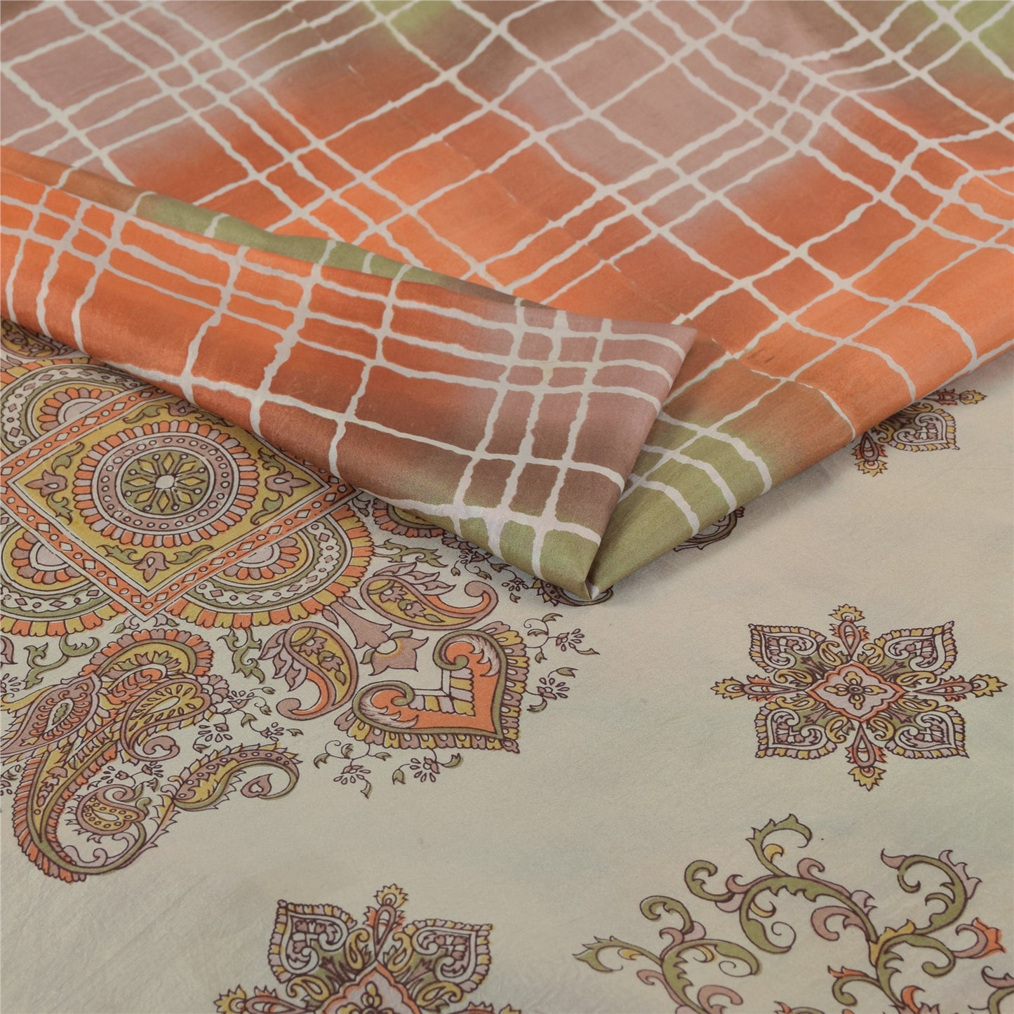 Sanskriti Vintage Sarees Pure Silk Printed Zari Border Sari 5+yd Craft Fabric