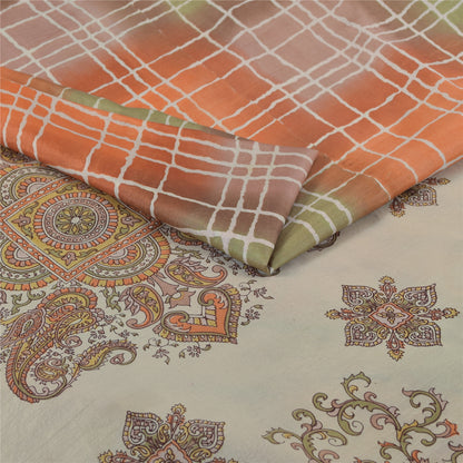 Sanskriti Vintage Sarees Pure Silk Printed Zari Border Sari 5+yd Craft Fabric