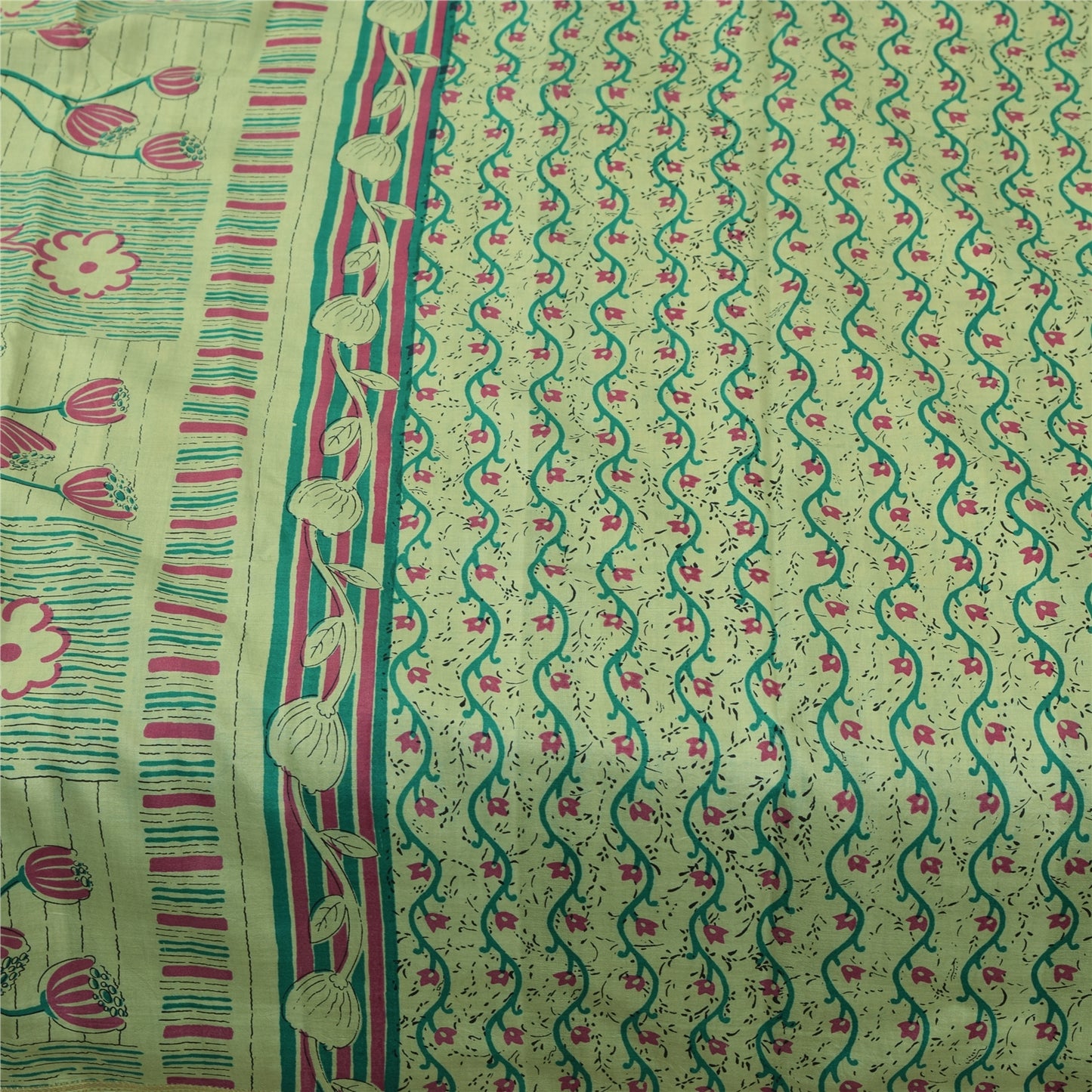 Sanskriti Vintage Sarees Green Zari Border Pure Silk Print Sari 6yd Craft Fabric