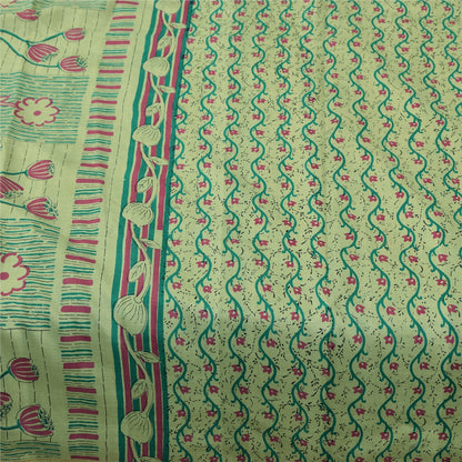 Sanskriti Vintage Sarees Green Zari Border Pure Silk Print Sari 6yd Craft Fabric