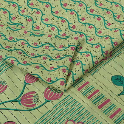 Sanskriti Vintage Sarees Green Zari Border Pure Silk Print Sari 6yd Craft Fabric