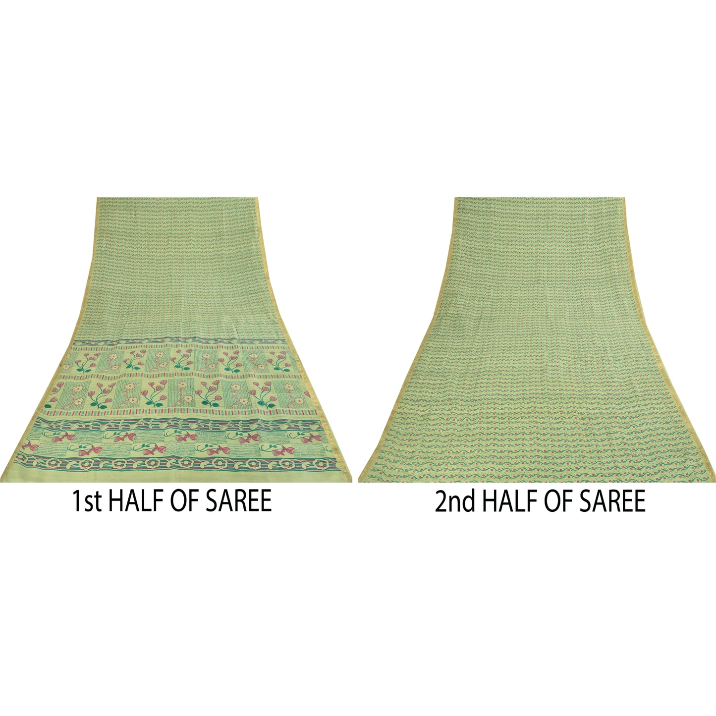 Sanskriti Vintage Sarees Green Zari Border Pure Silk Print Sari 6yd Craft Fabric